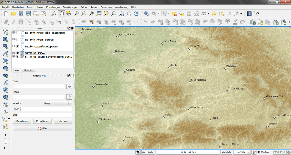 A screenshot of QGIS, a free geographic information system program, showing a shaded terrain relief map with labeled towns in western Romania