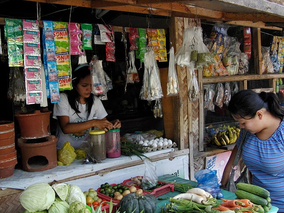 A woman arranges goods inside a small neighborhood store hung with sachets of detergent and snacks, while a customer looks over vegetables at the front counter, in the Davao area