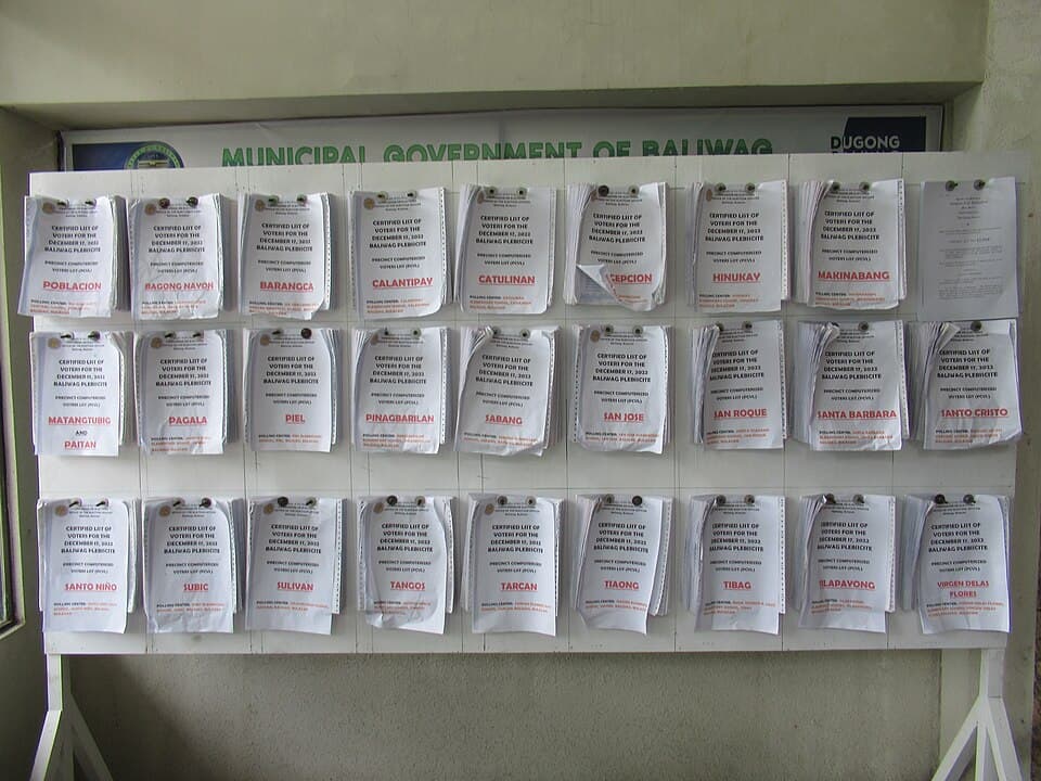 Certified lists of voters posted on a board at a municipal hall in Baliwag, Bulacan, during a 2022 plebiscite