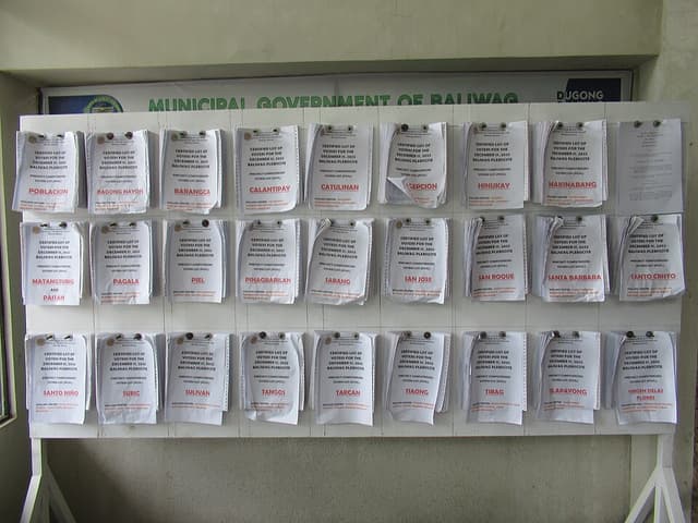 Certified lists of voters posted on a board at a municipal hall in Baliwag, Bulacan, during a 2022 plebiscite