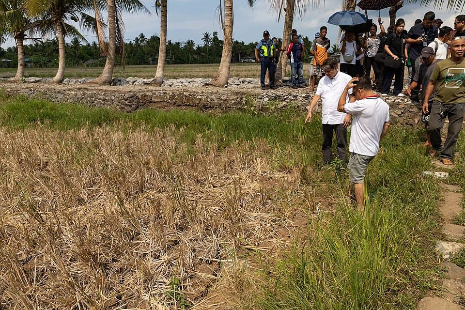 Senator Kiko Pangilinan and farmers look over a dried-up rice field in Barangay Comun, Camalig, Albay, during a May 2026 inspection of drought damage