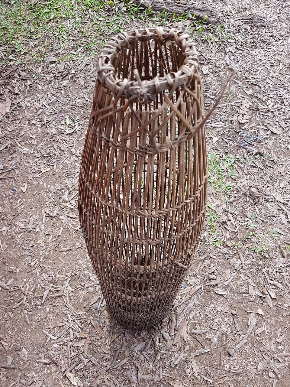 A tall woven Manobo fish trap standing on leaf-covered ground, photographed in Bukidnon, shown as an example of the traditional crafts that cultural mapping documents