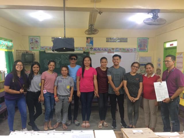 A group of young Sangguniang Kabataan officials and adults posing inside a school classroom in 2018, one holding a certificate; the photo was not taken in Bislig